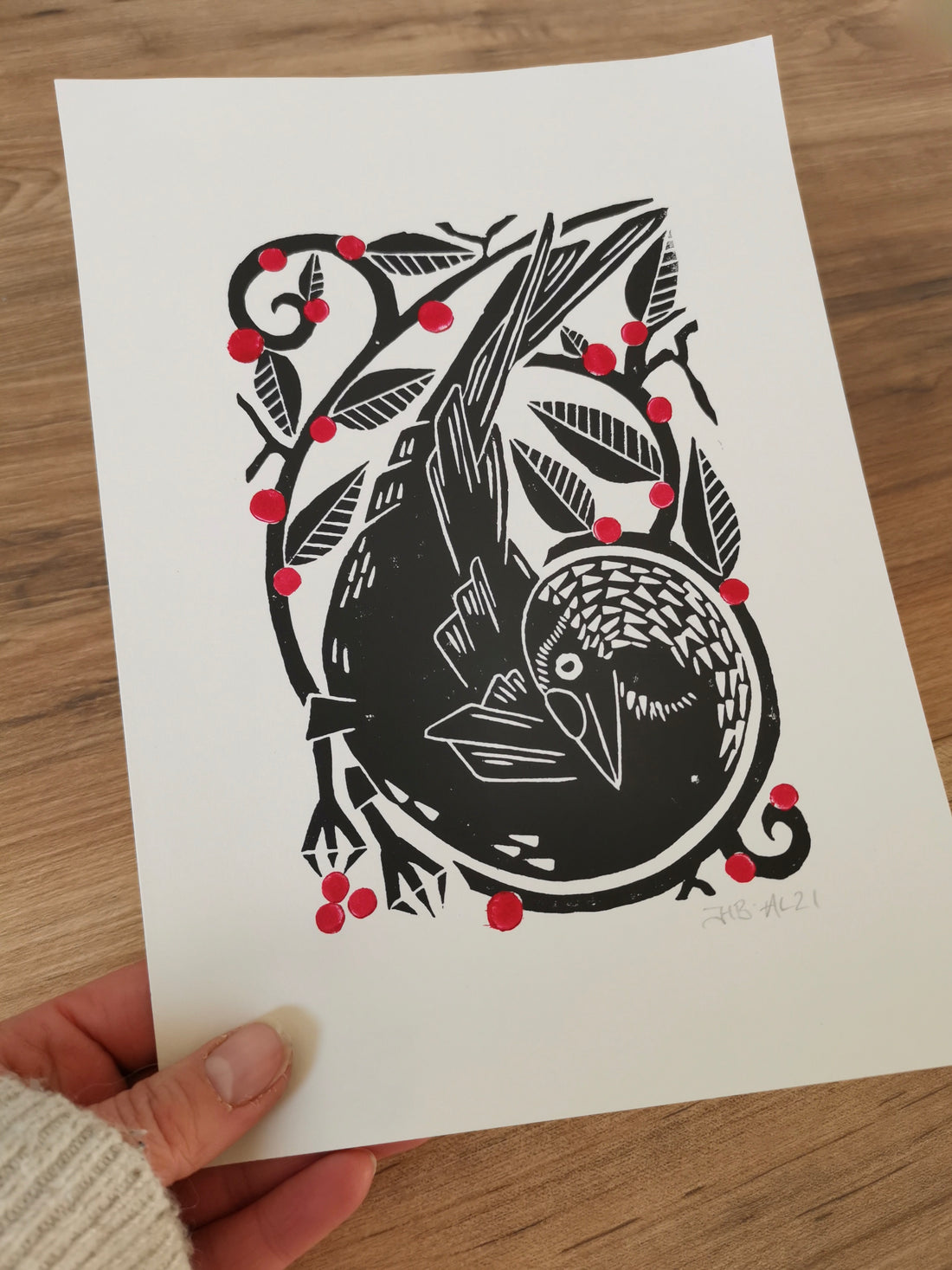 Jackdaw folksy style stylised linocut art print by Jackdaw and Bear