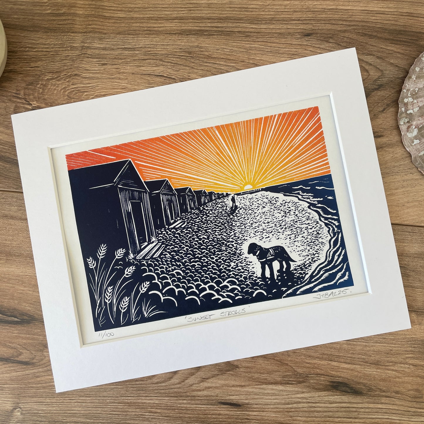 ‘Sunset strolls’ Beach sunset scene linocut art print