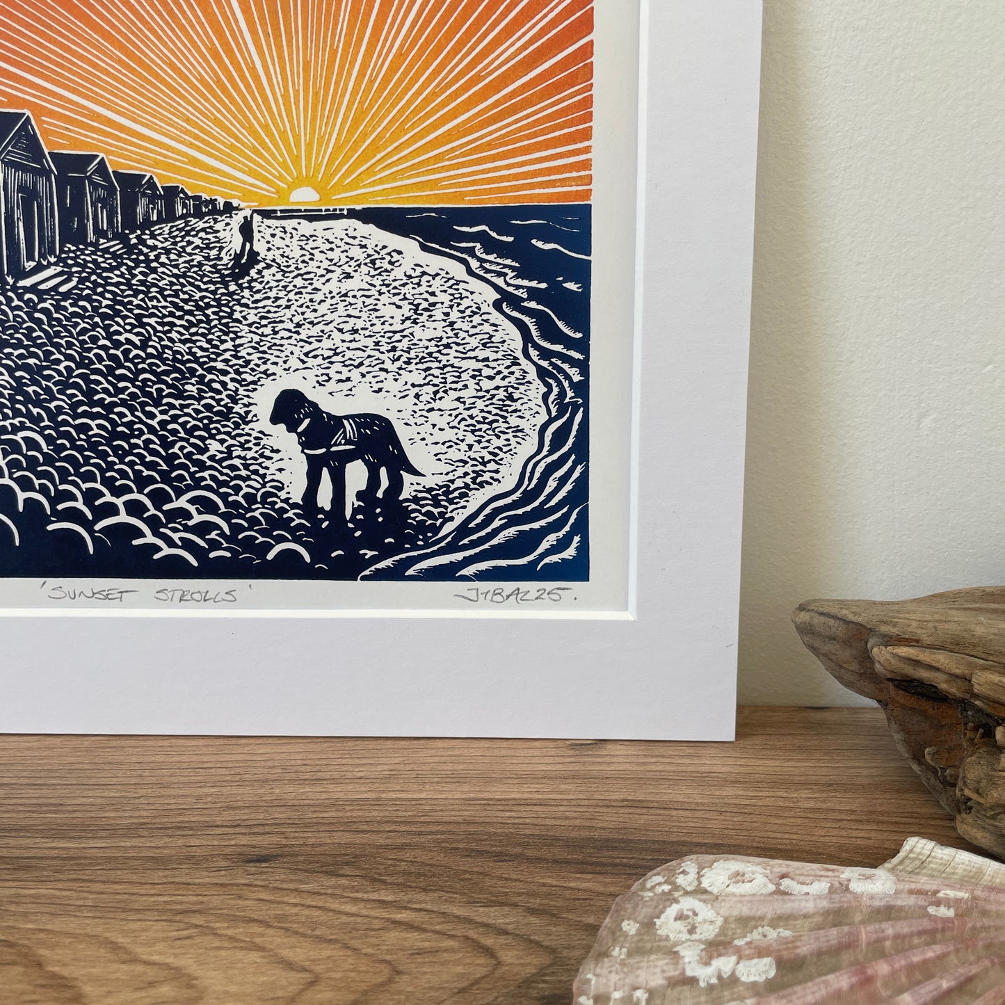 ‘Sunset strolls’ Beach sunset scene linocut art print