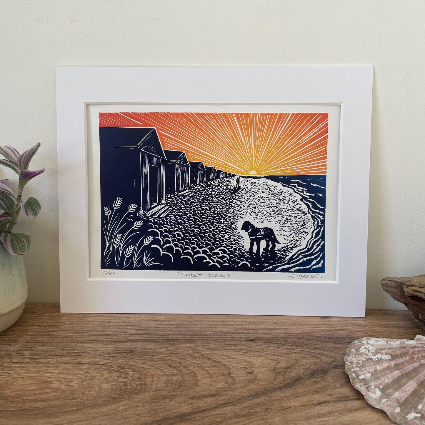 ‘Sunset strolls’ Beach sunset scene linocut art print