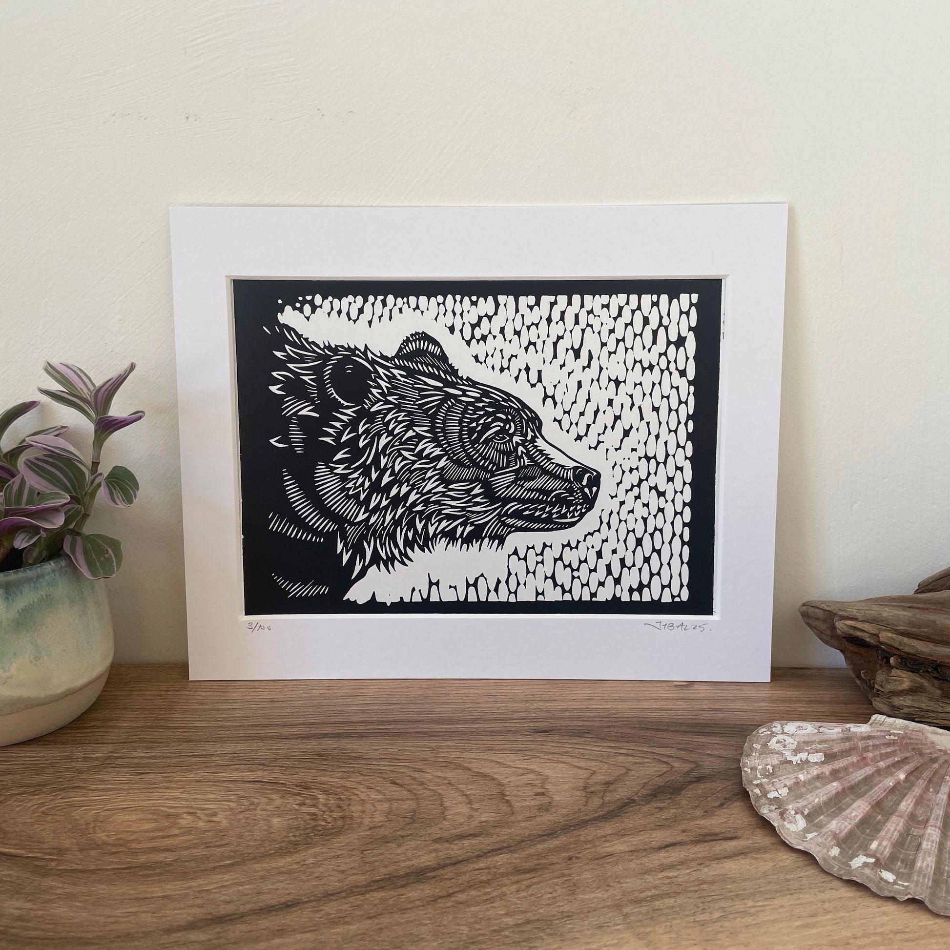 Brown Bear linocut art print printed in black ink