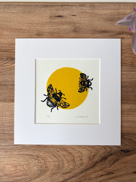 Duo of Bumblebees, hand printed lino art print