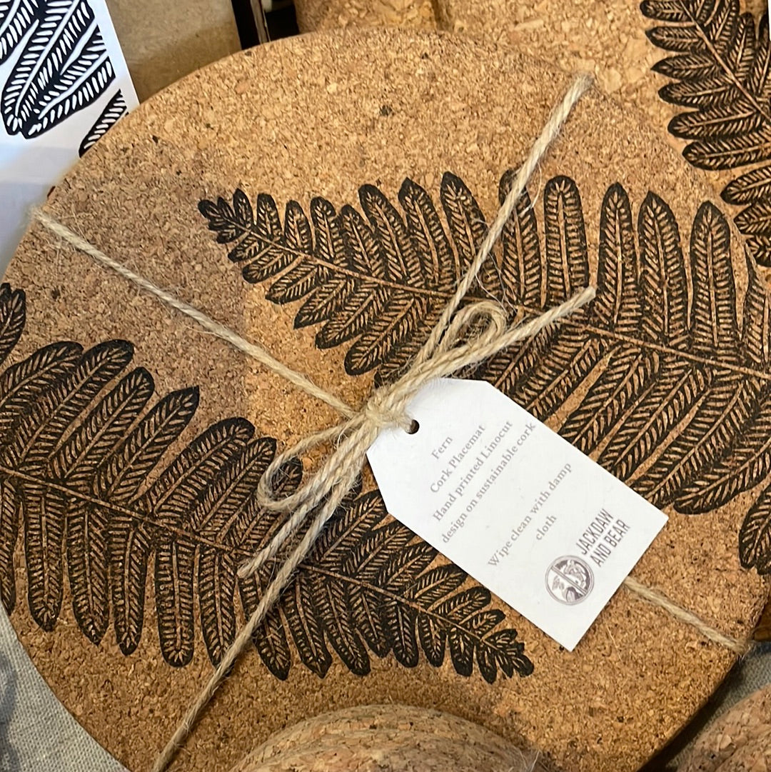 Fern linocut printed cork placemat packaged simply with twine and tag Jackdaw and Bear