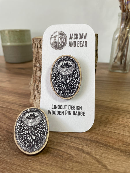 Hedgehog Wooden Pin Badge - animal, nature brooch.
