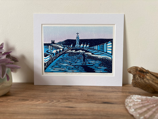 Herne Bay beach scene reduction linocut art print
