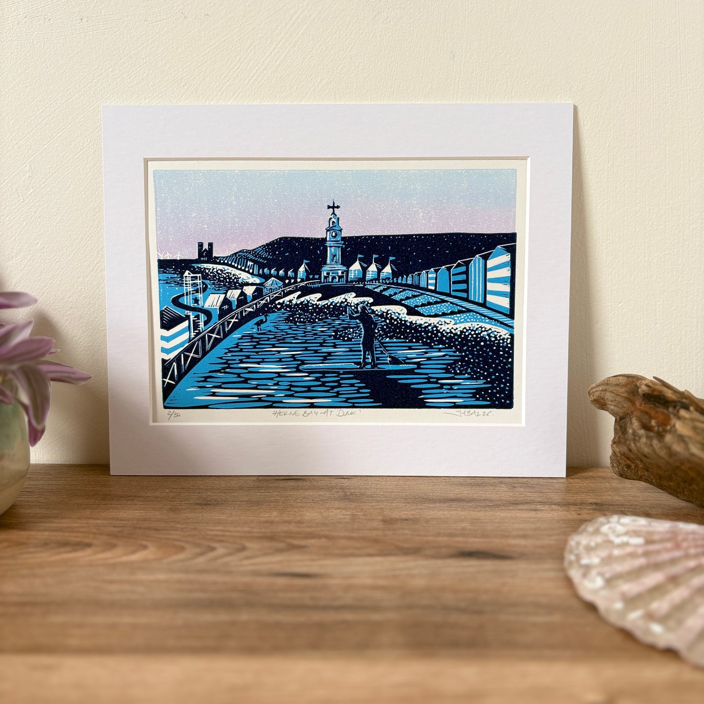 Herne Bay beach scene reduction linocut art print