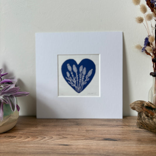 Lavendar heart linocut print