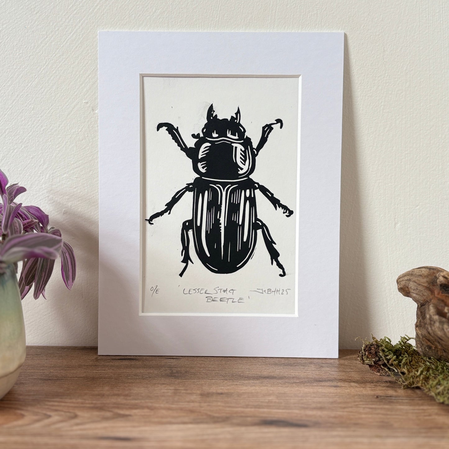 Lesser stag beetle hand printed Linocut art print