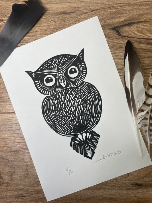 Owl original linocut print