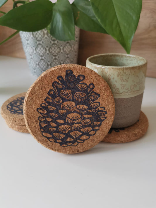Pine cone Linocut Cork Coasters