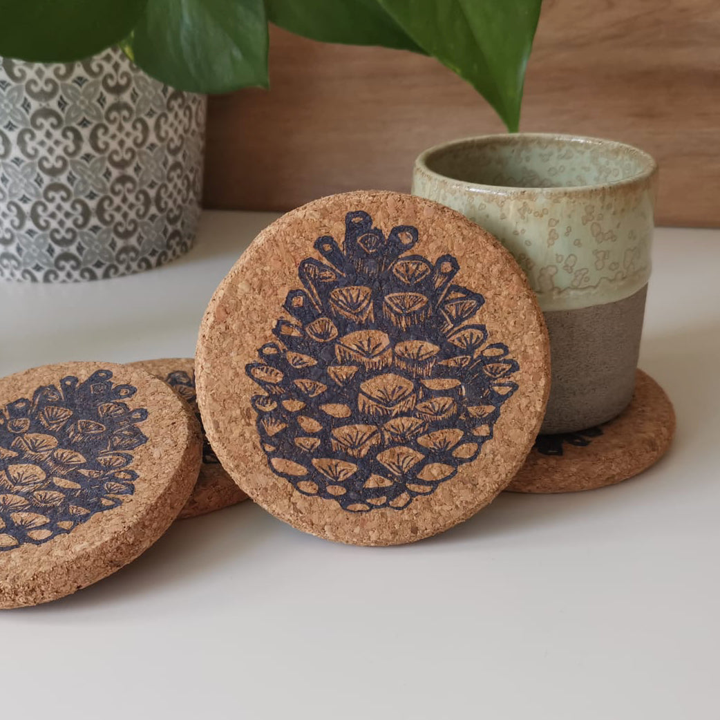 Pine cone Linocut Cork Coasters