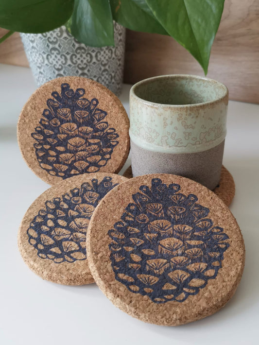 Pine cone Linocut Cork Coasters