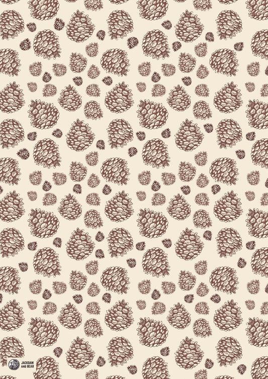 Pattern of brown pinecones on a beige background