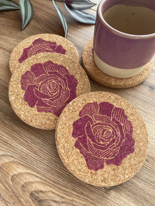 Pink Rose Linocut Cork Coaster