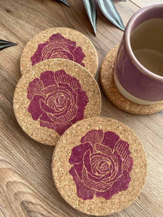 Pink Rose Linocut Cork Coaster