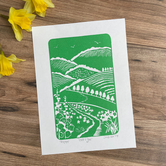 ‘Off i go’ spring hills hand printed Linocut art print