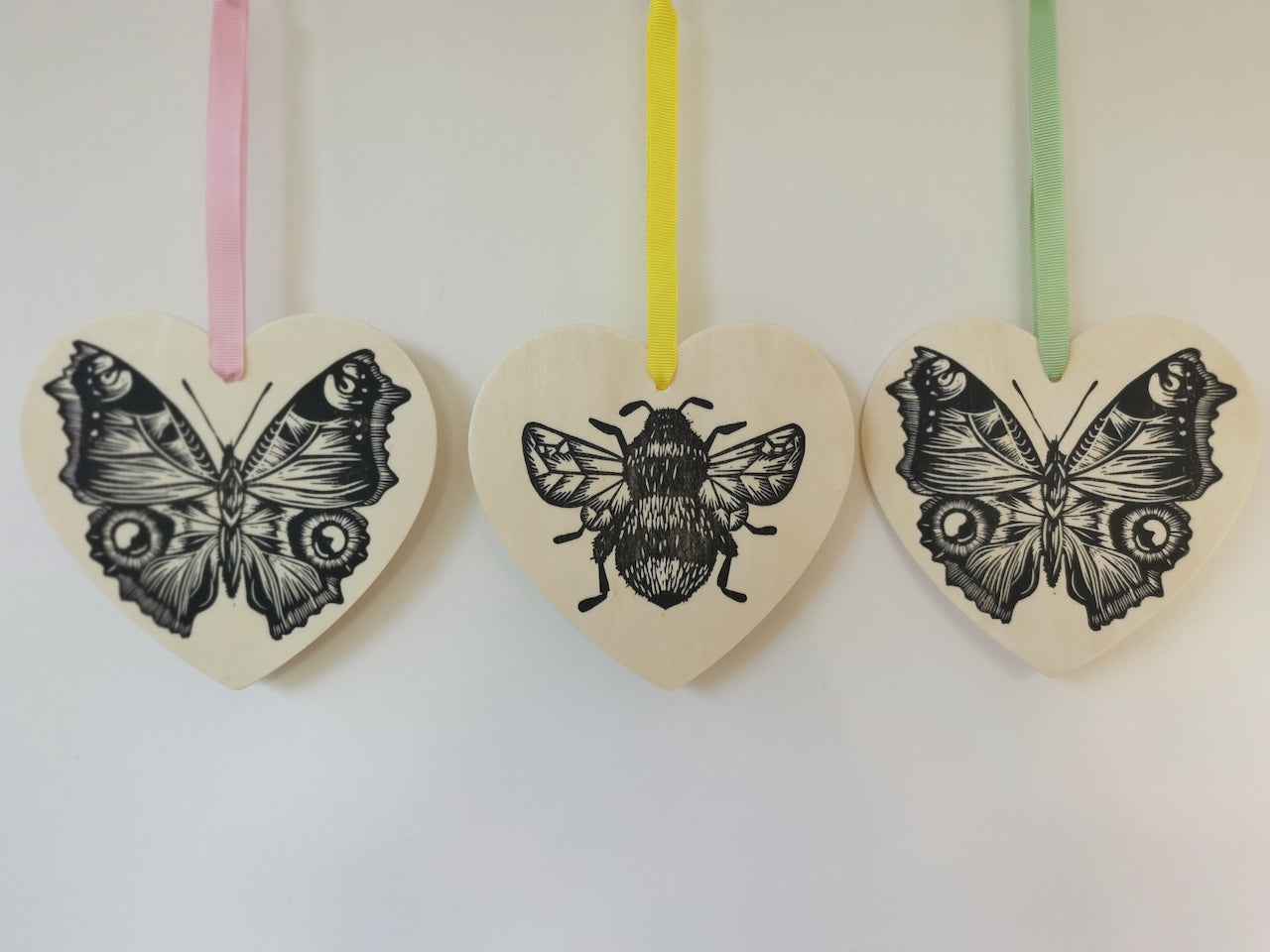 Bumblebee heart hanging decoration - wooden hand printed Linocut