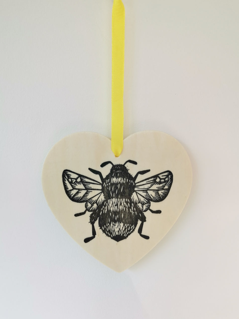 Bumblebee heart hanging decoration - wooden hand printed Linocut