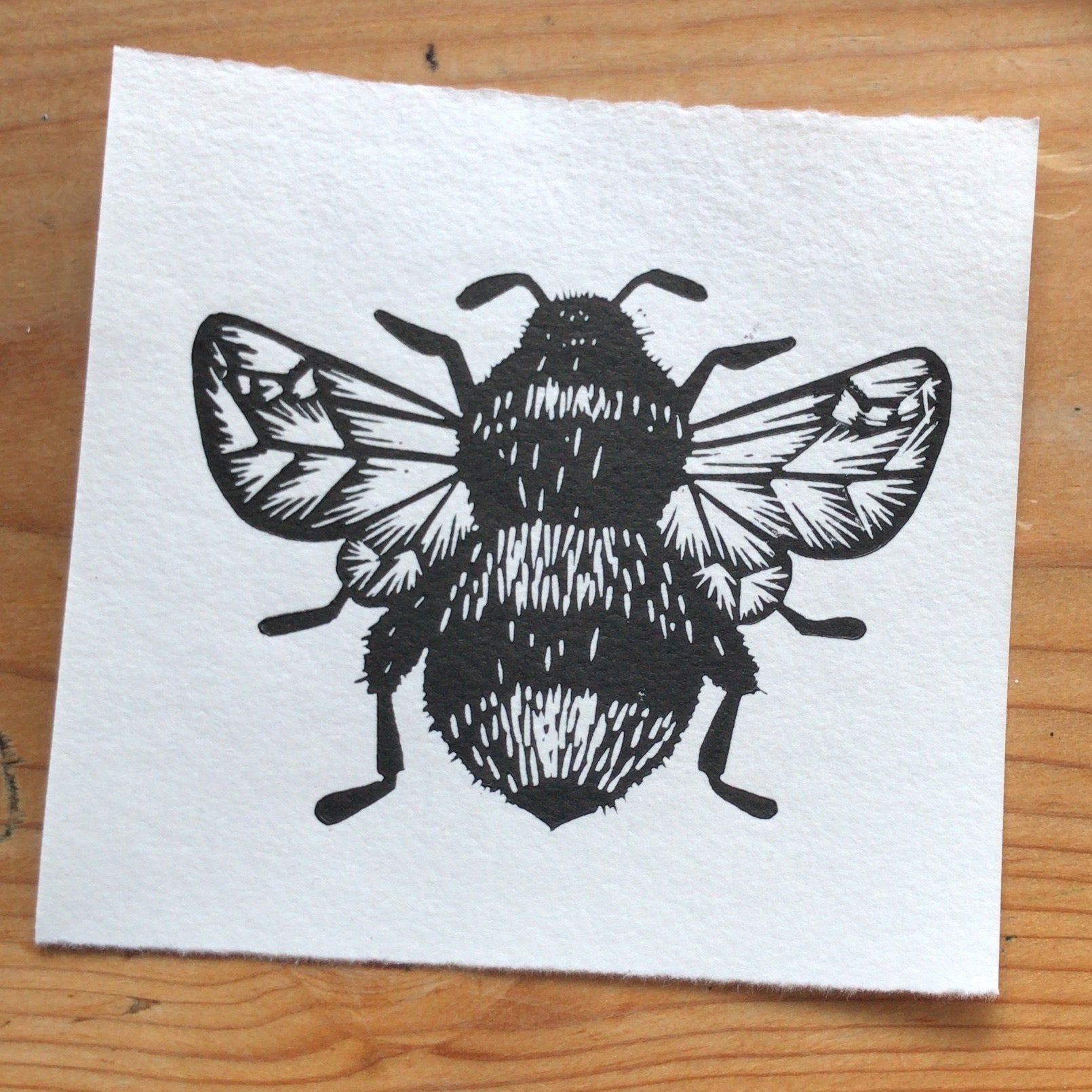 Handprinted Bumblebee linocut on Khadi handmade paper by Jackdaw and Bear