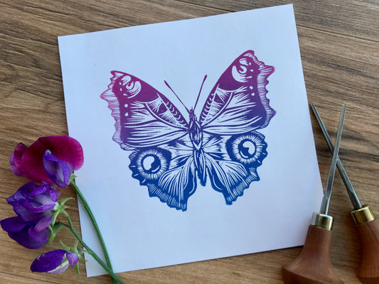 Butterfly Linocut art print, hand printed peacock butterfly by Jackdaw and Bear