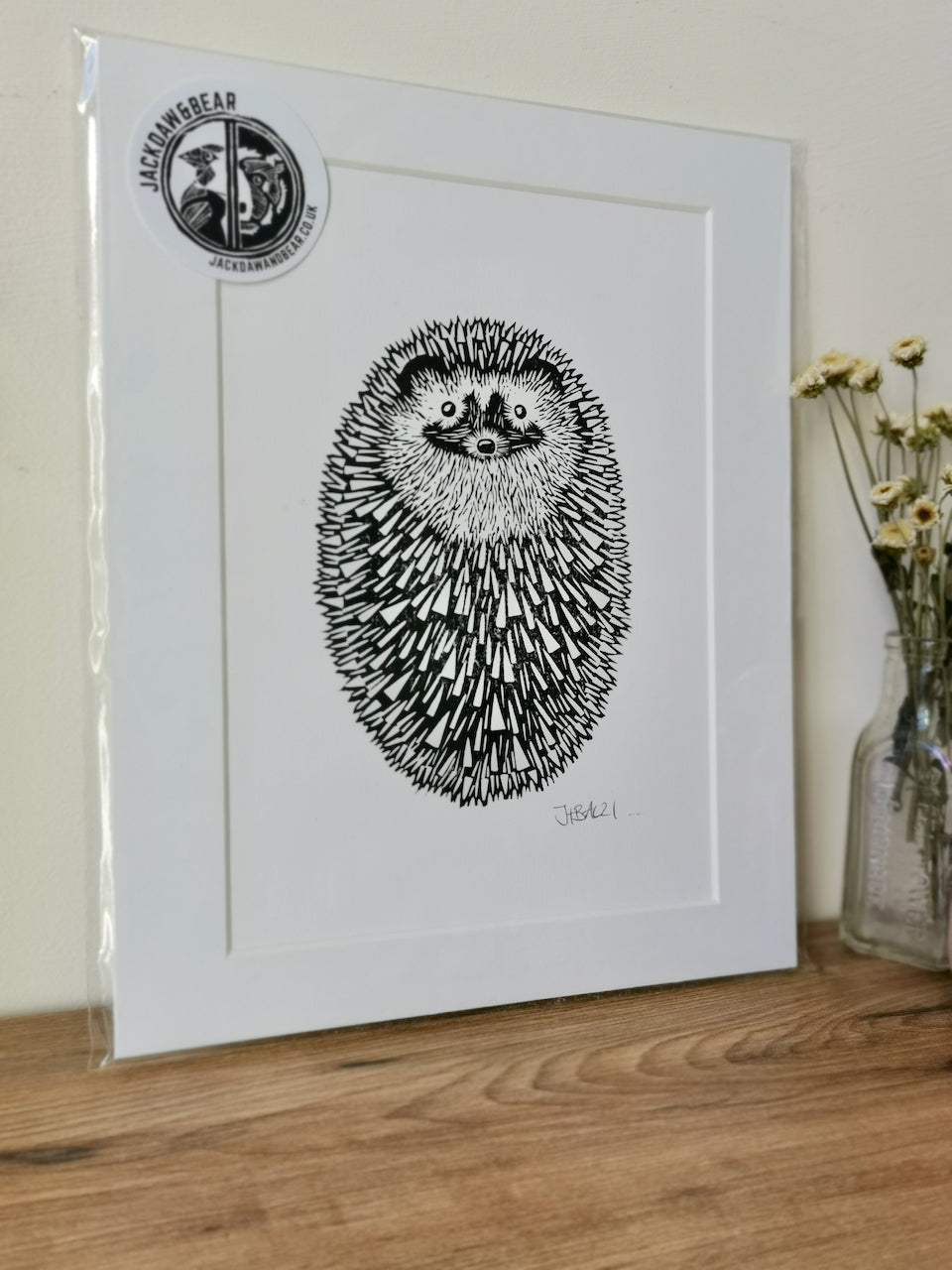 Hedgehog (ball) original mammal Linocut print