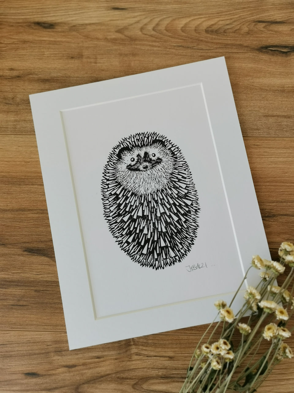 Hedgehog (ball) original mammal Linocut print