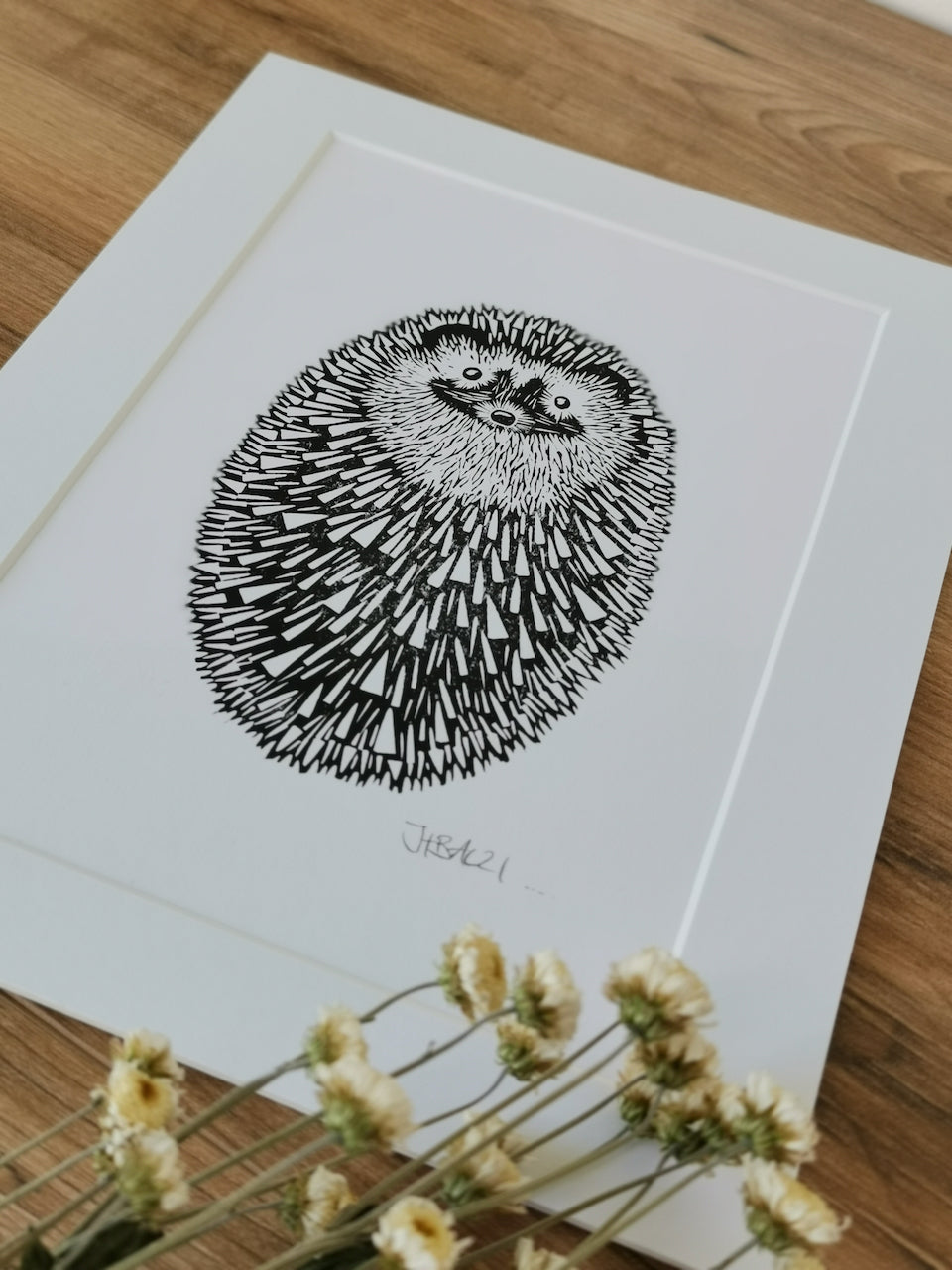 Hedgehog (ball) original mammal Linocut print