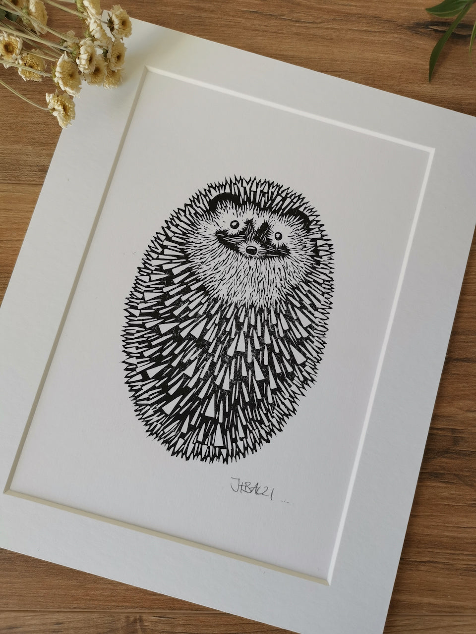 Hedgehog (ball) original mammal Linocut print