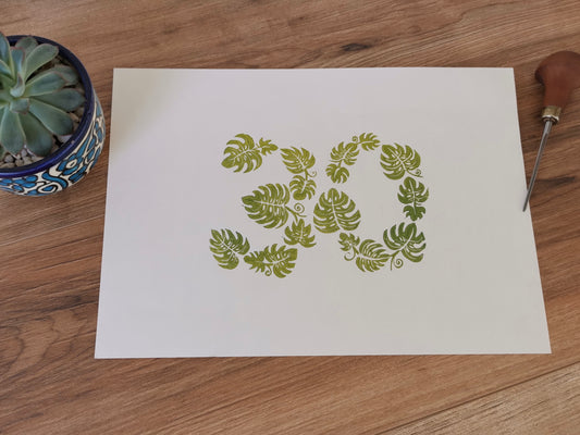 Special age monstera leaf lino cut art print birthday, anniversary gift