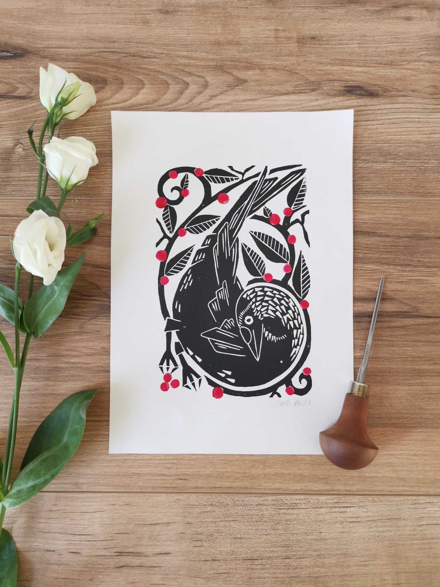 Jackdaw bird folksy Linocut Print