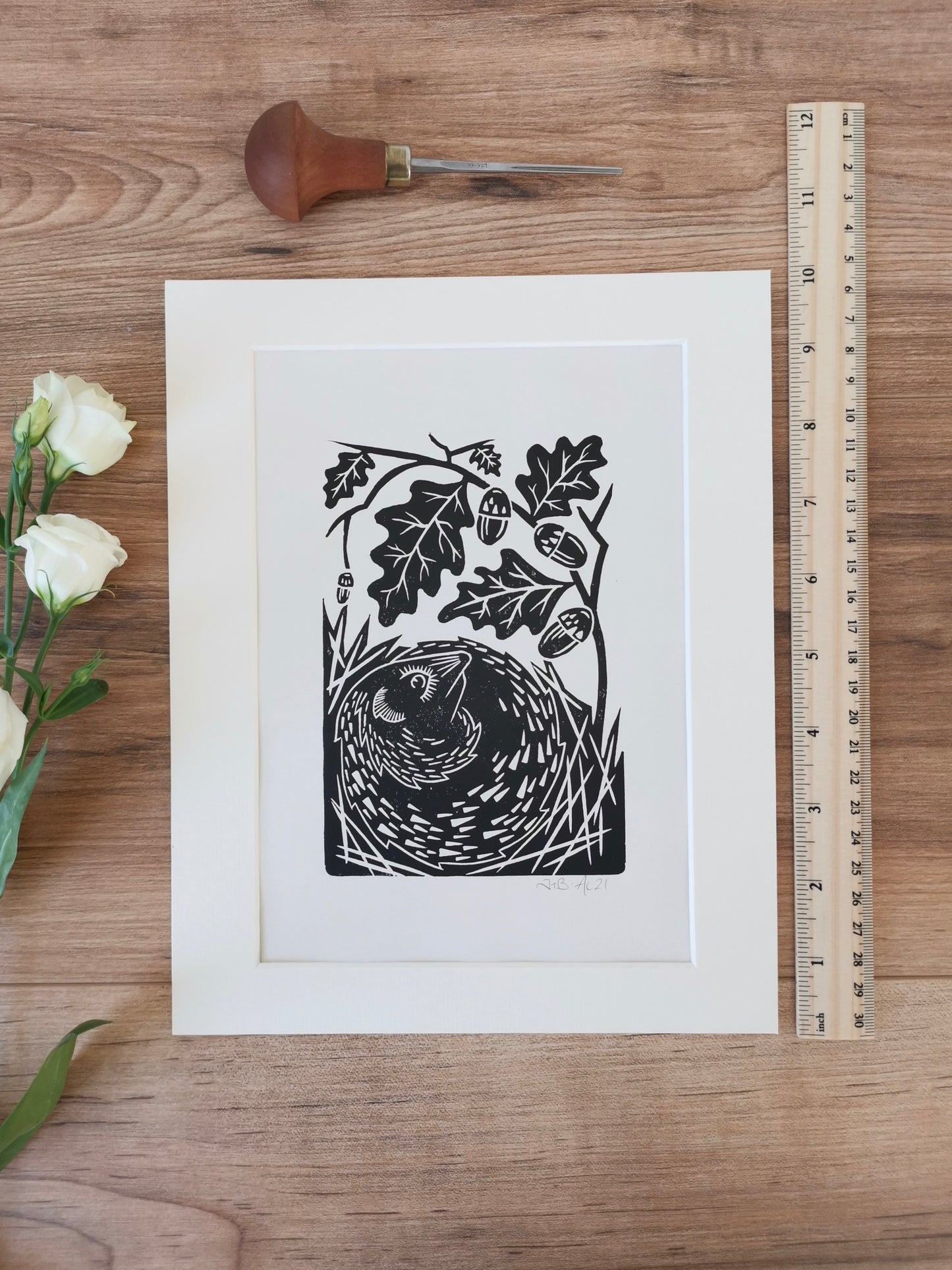Hedgehog folksy style hand printed linocut nature art print