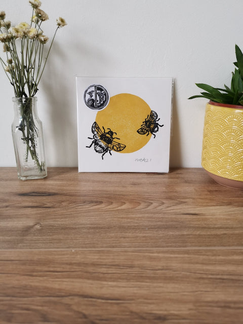 Duo of Bumblebees, hand printed mini lino art print