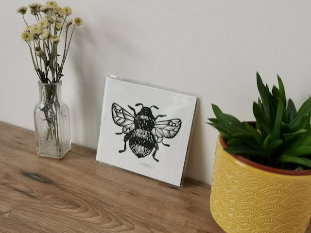 Handprinted Bumblebee linocut on Khadi handmade paper by Jackdaw and Bear