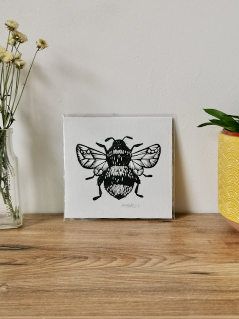 Handprinted Bumblebee linocut on Khadi handmade paper by Jackdaw and Bear