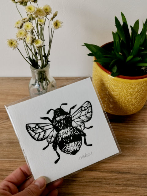 Handprinted Bumblebee linocut on Khadi handmade paper by Jackdaw and Bear
