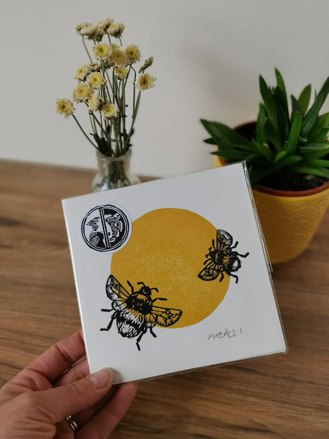 Duo of Bumblebees, hand printed mini lino art print