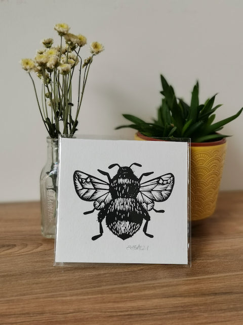 Handprinted Bumblebee linocut on Khadi handmade paper by Jackdaw and Bear