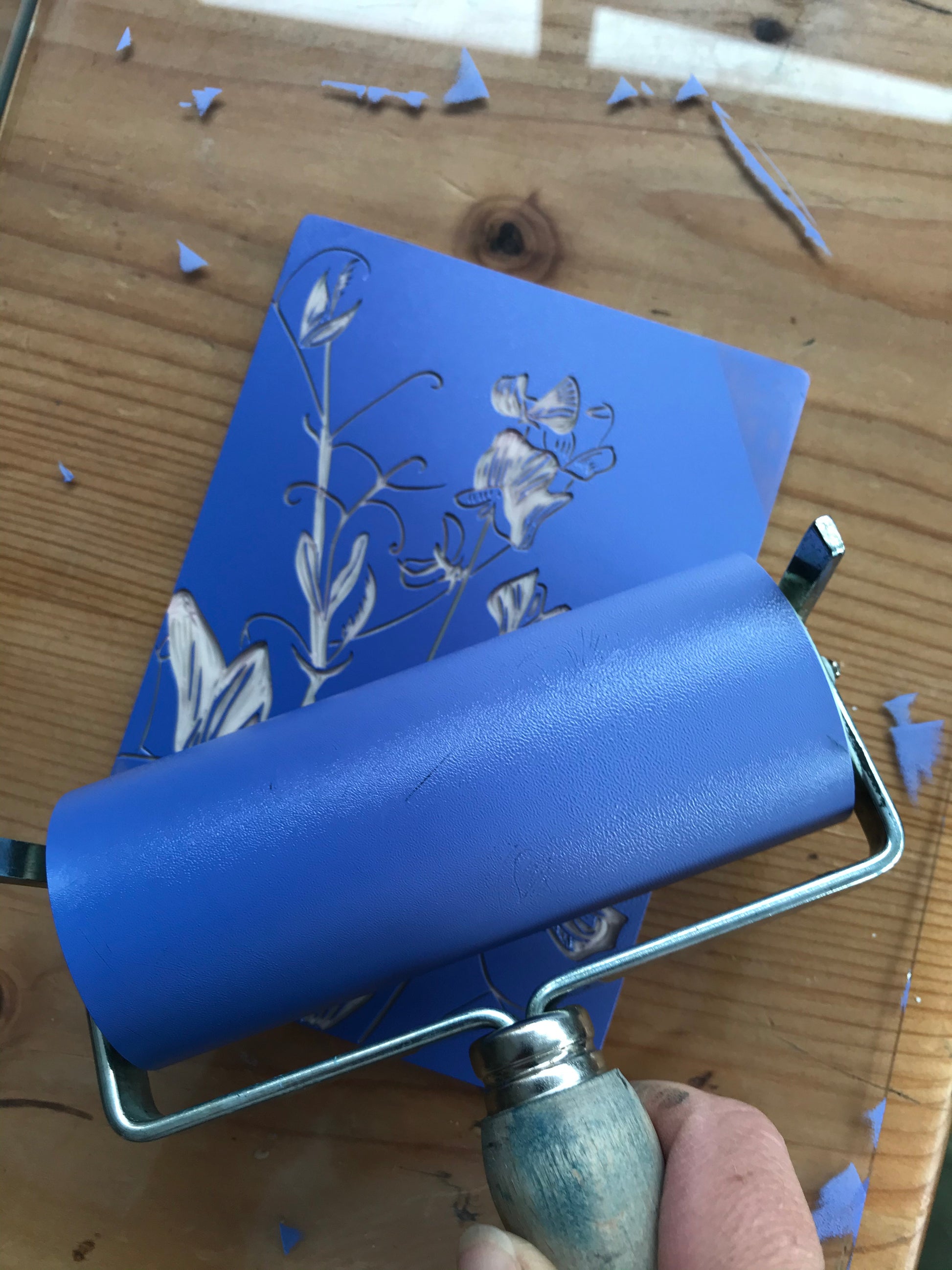 Sweet peas linocut printed in lavender by Jackdaw and Bear