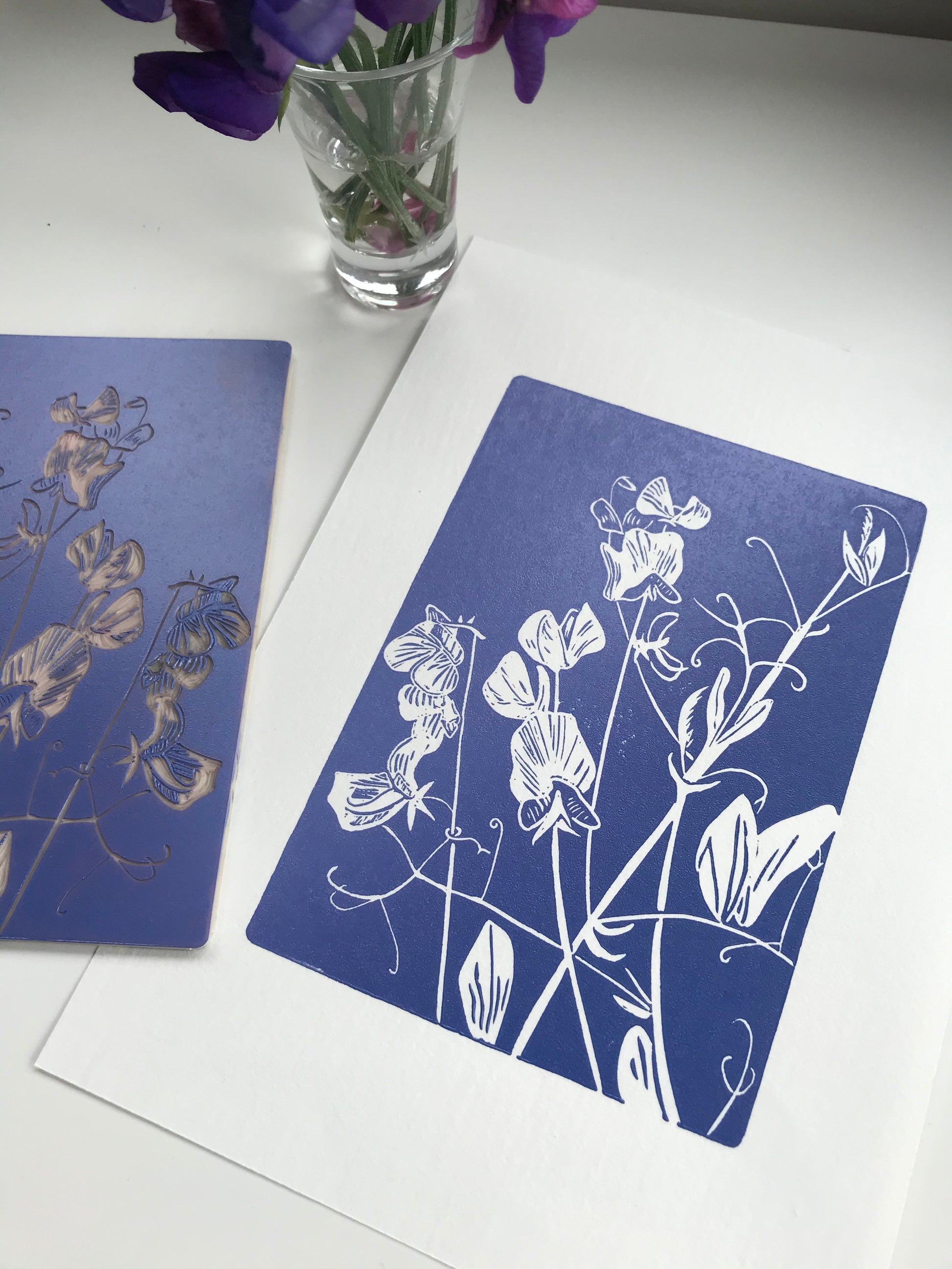 Sweet peas linocut printed in lavender by Jackdaw and Bear