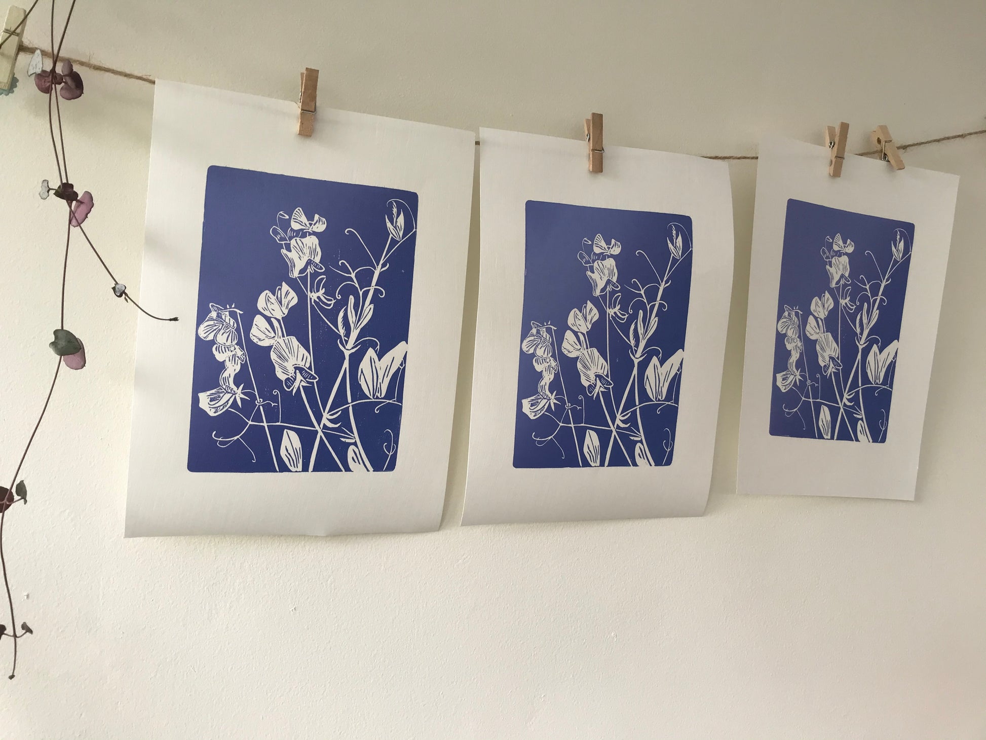Sweet peas linocut printed in lavender by Jackdaw and Bear