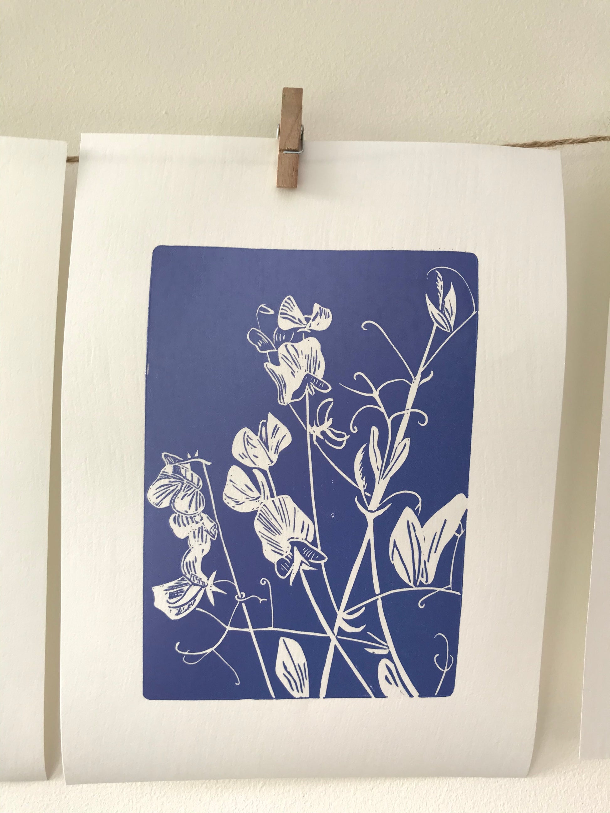 Sweet peas linocut printed in lavender by Jackdaw and Bear
