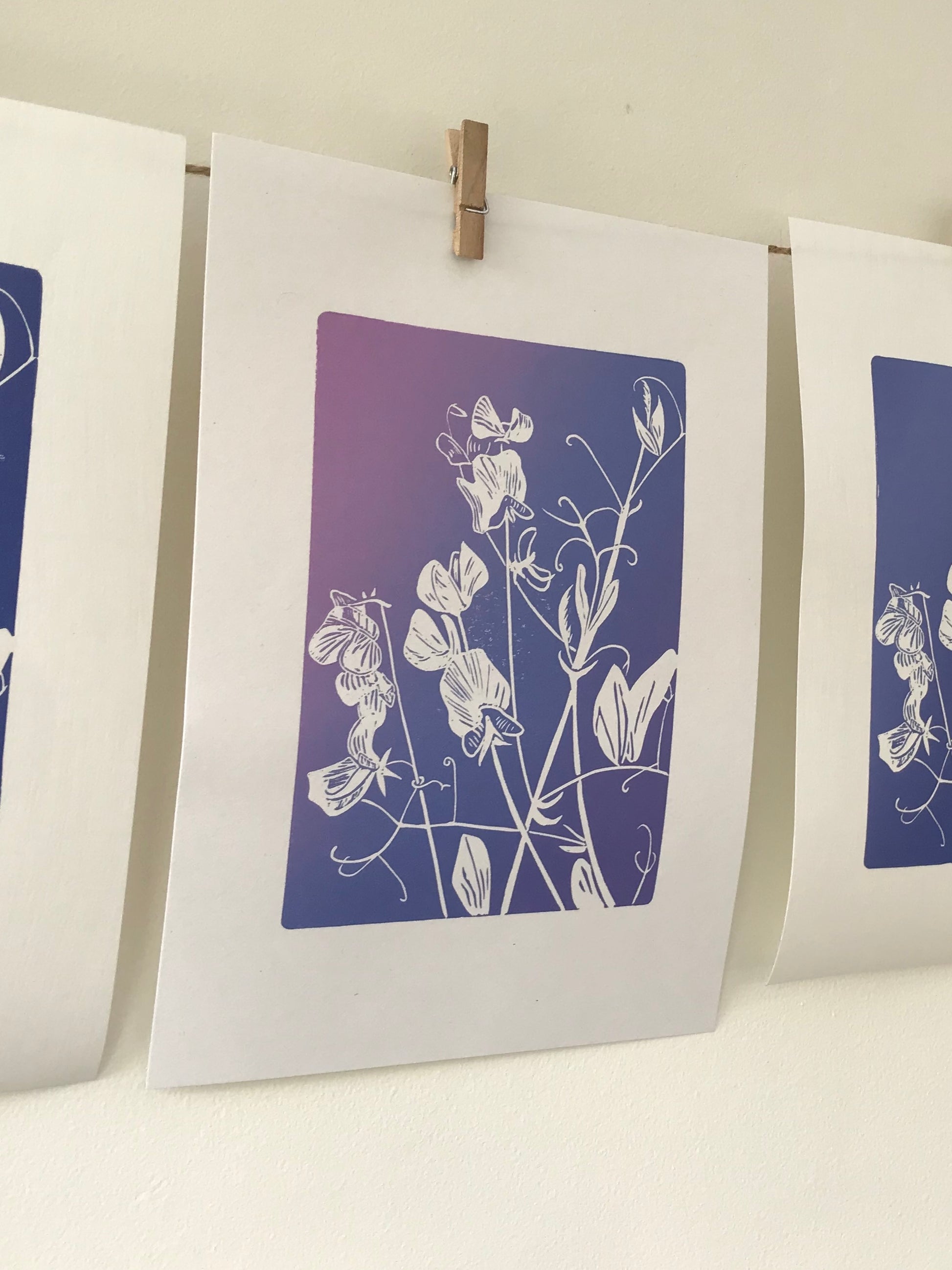 Sweet peas linocut printed in 3 colour gradient by Jackdaw and Bear
