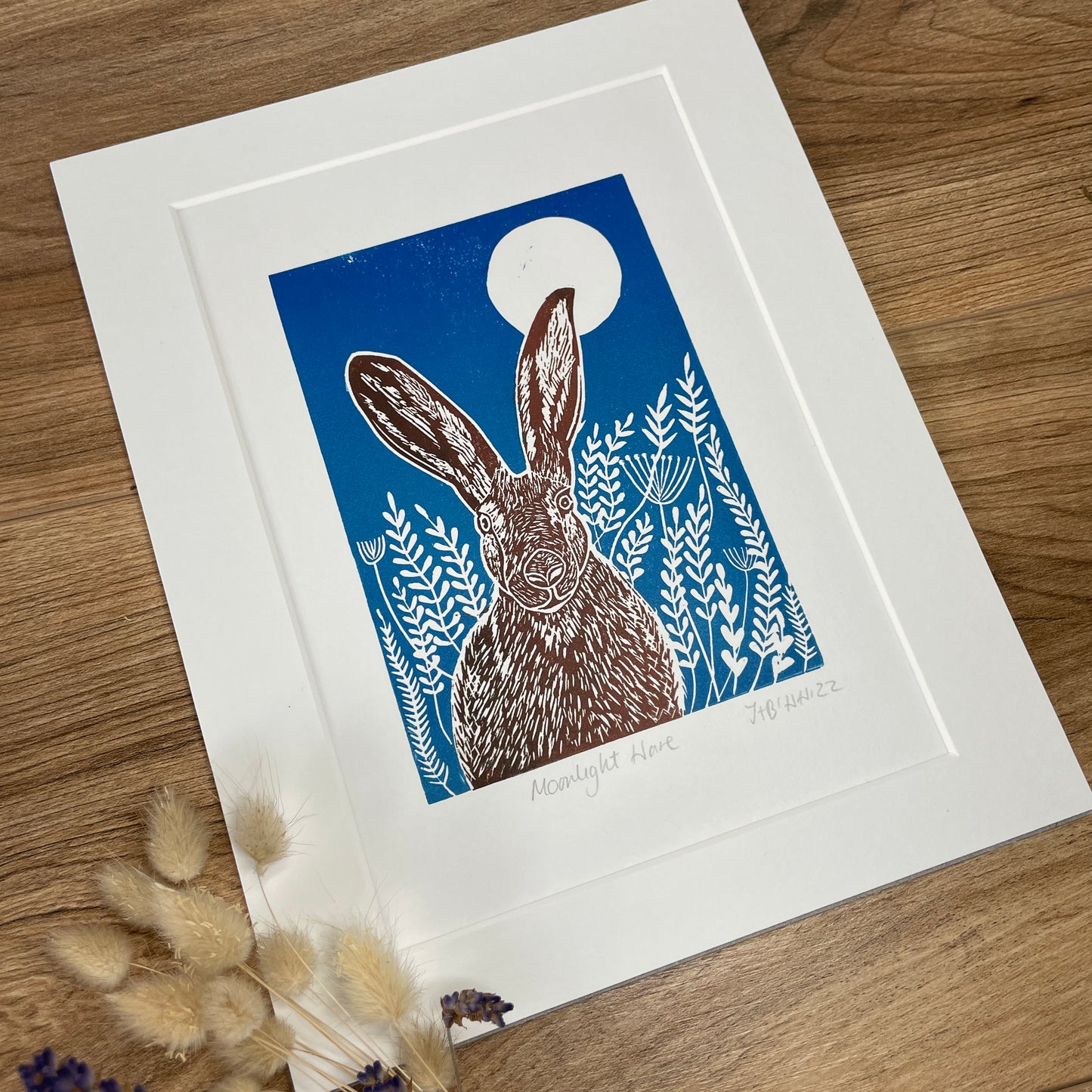 Moonlight meadow hare original mammal Linocut print