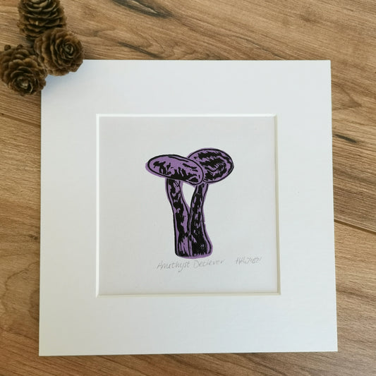 Amethyst Deceiver fungi original linocut print