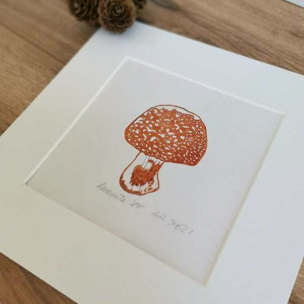 Mini amanita spp. fungi prints - hand printed lino art print wall decor