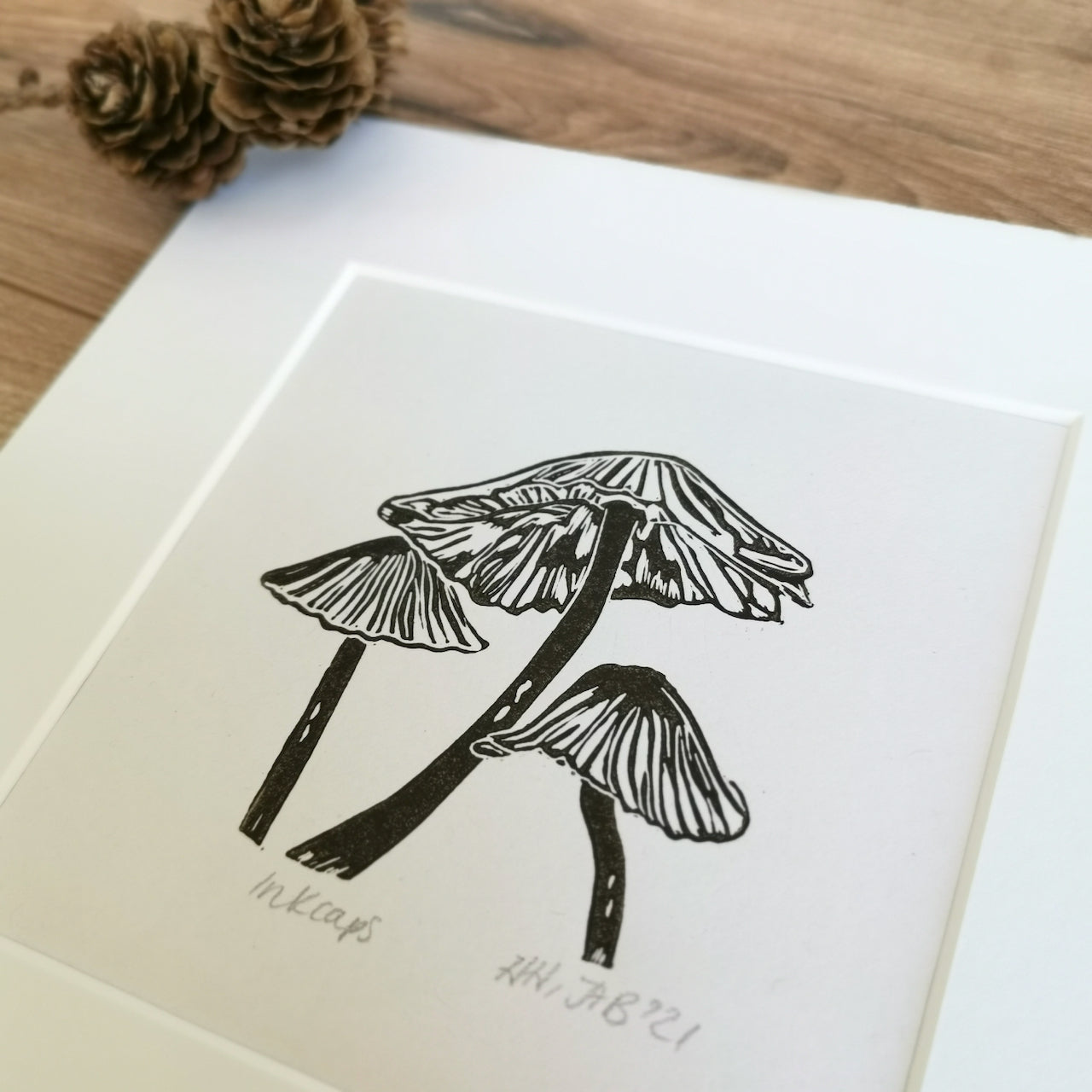 Inkcap fungi original linocut print