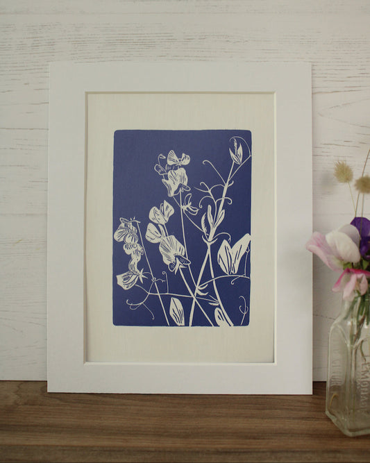 Sweet Peas botanical hand printed linocut garden flower art print - lavender