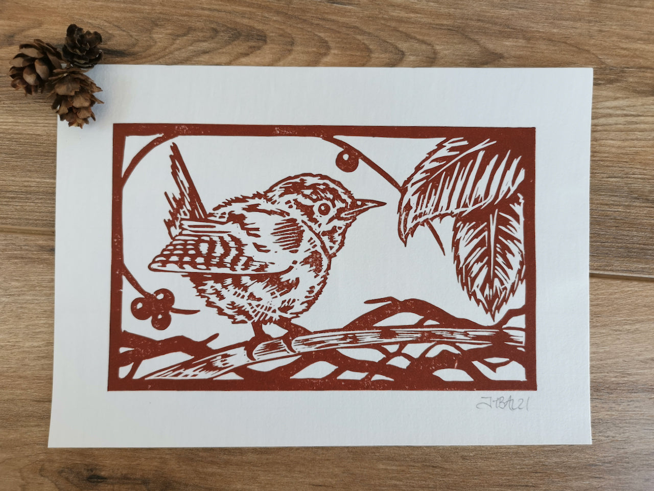 Wren hand printed linocut garden bird art print