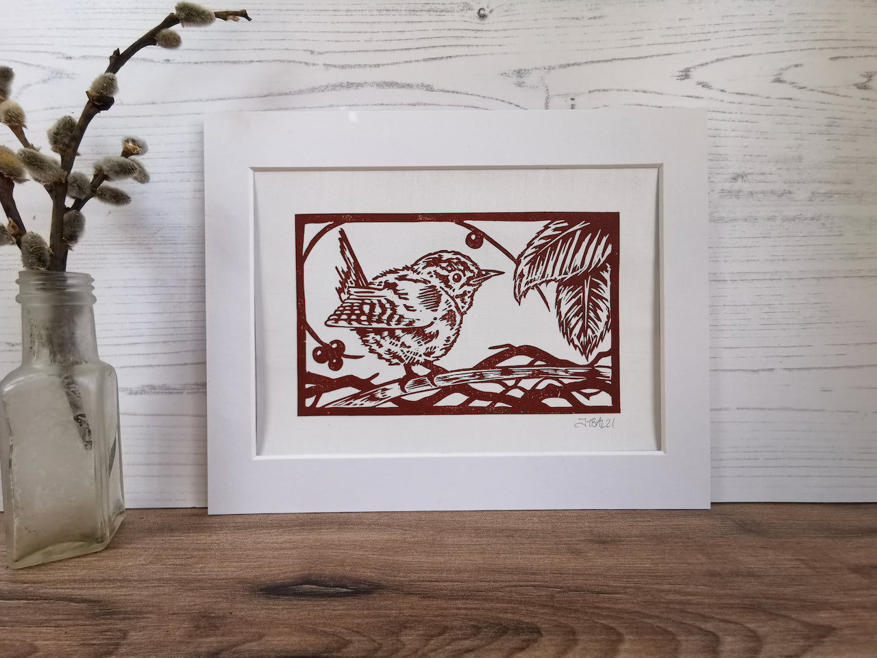 Wren hand printed linocut garden bird art print