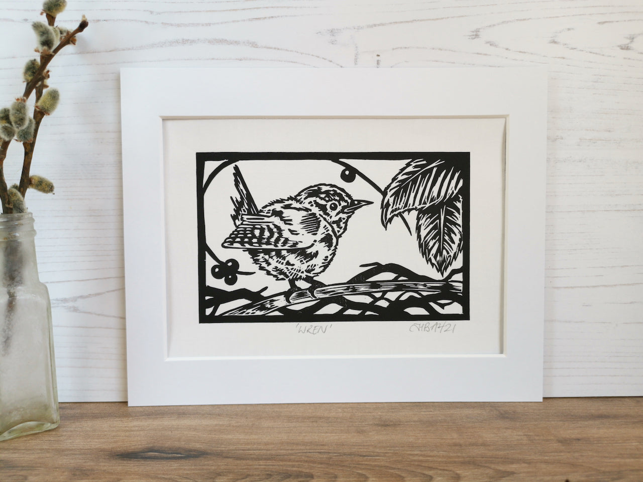 Wren hand printed linocut garden bird art print